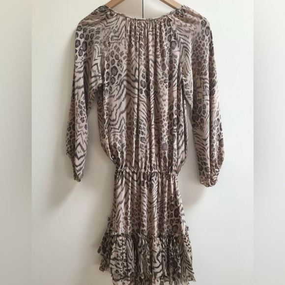 EUC Vintage Rebecca Taylor Animal Print Silk Dress Boho Ruffles Neutral SZ 2 - Picture 4 of 12